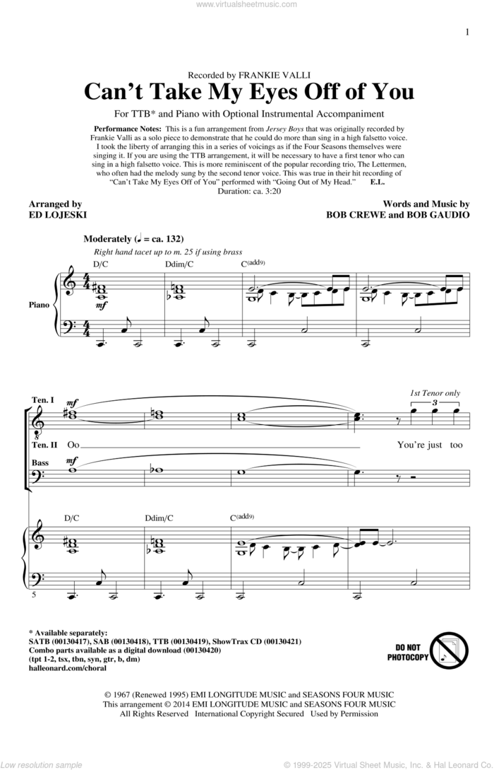 Can't Take My Eyes Off Of You (from Jersey Boys) (arr. Ed Lojeski) sheet music for choir (TTBB: tenor, bass) by Bob Crewe, Ed Lojeski, Frankie Valli, Frankie Valli & The Four Seasons, The Four Seasons and Bob Gaudio, wedding score, intermediate skill level