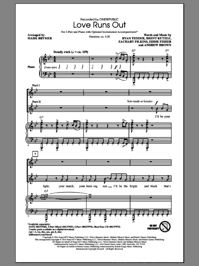 Love Runs Out sheet music for choir (2-Part) by Andrew Brown, Mark Brymer, OneRepublic, Brent Kutzle, Eddie Fisher, Ryan Tedder and Zack Filkins, intermediate duet