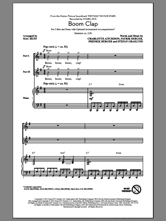 Boom Clap sheet music for choir (2-Part) by Mac Huff, Charli XCX, Charlotte Aitchison, Fredrik Berger, Patrik Berger and Stefan Graslund, intermediate duet