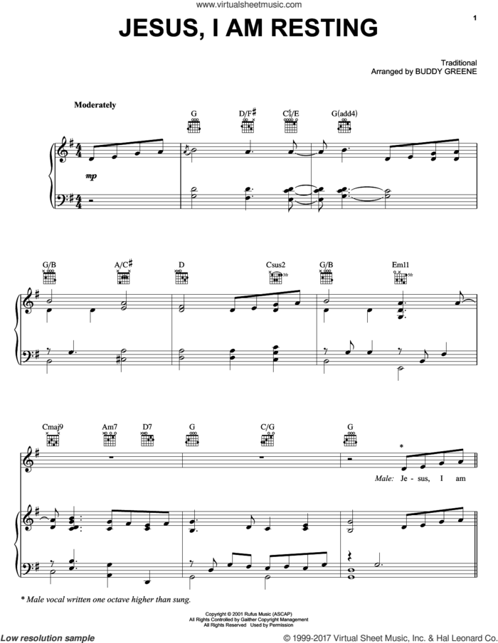 Jesus, I Am Resting sheet music for voice, piano or guitar by The Martins and Buddy Greene, intermediate skill level