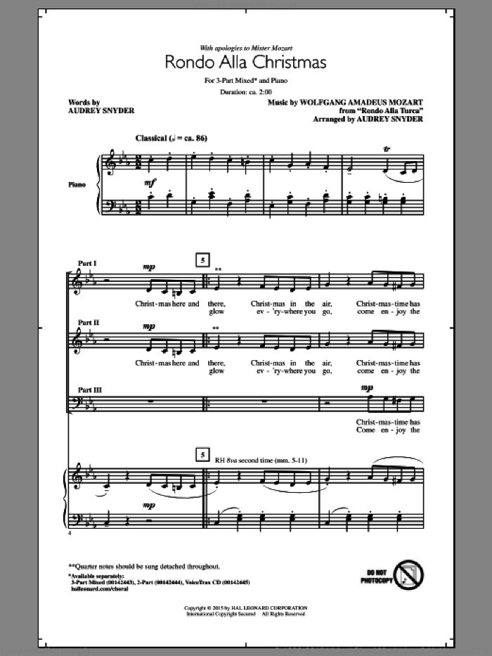 Rondo Alla Christmas (arr. Audrey Snyder) sheet music for choir (3-Part Mixed) by Wolfgang Amadeus Mozart and Audrey Snyder, classical score, intermediate skill level