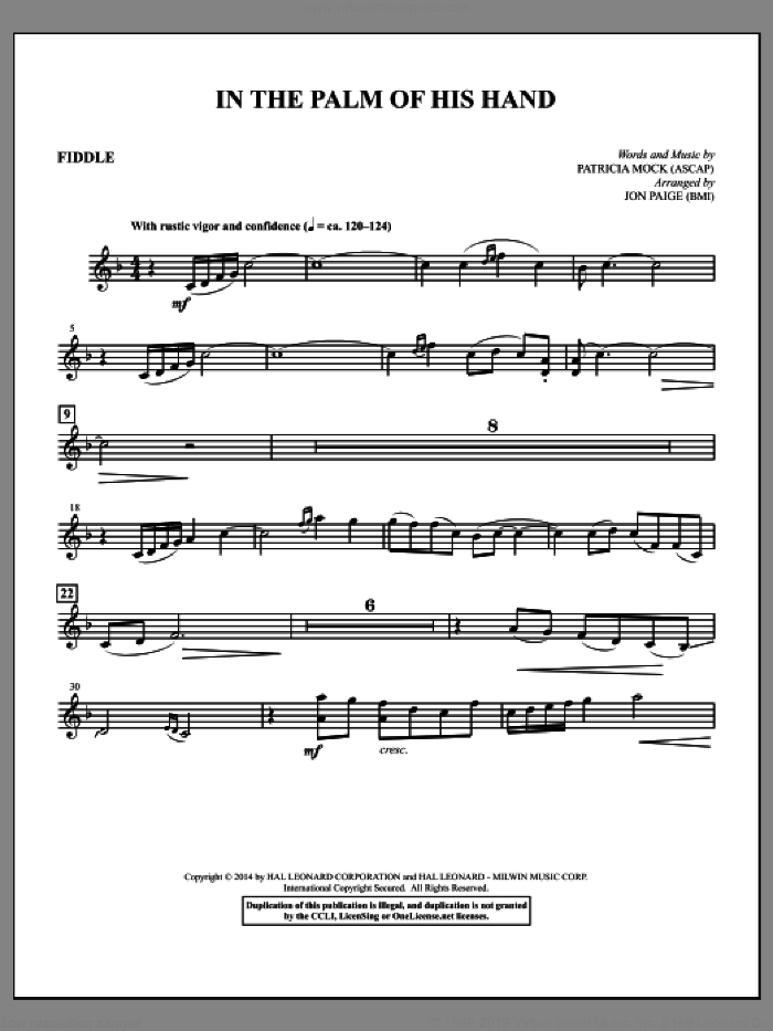 In the Palm of His Hand (complete set of parts) sheet music for orchestra/band by Jon Paige and Patricia Mock, intermediate skill level