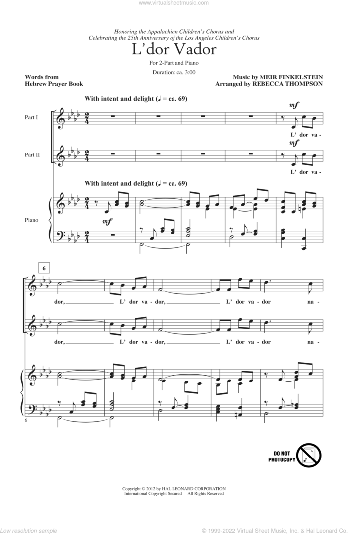 L'Dor Vador sheet music for choir (2-Part) by Rebecca Thompson and Meir Finkelstein, intermediate duet