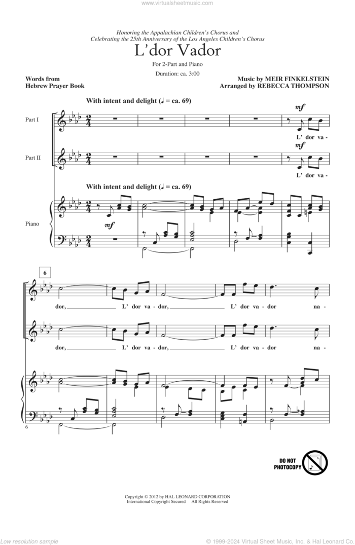 L'Dor Vador sheet music for choir (2-Part) by Rebecca Thompson and Meir Finkelstein, intermediate duet