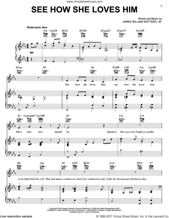 See How She Loves Him sheet music for voice, piano or guitar by The Hoppers and James William Watters, Jr., intermediate skill level