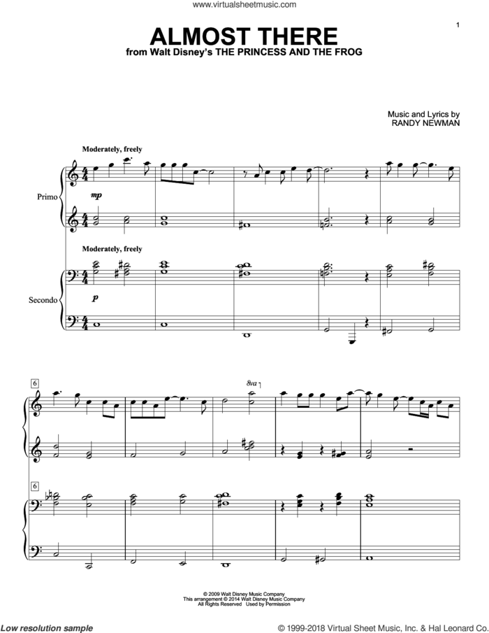Almost There sheet music for piano four hands by Randy Newman, intermediate skill level
