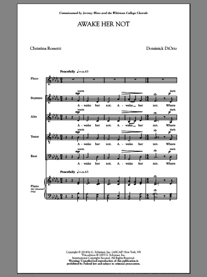Awake Her Not sheet music for choir (SATB: soprano, alto, tenor, bass) by Dominick Diorio, classical score, intermediate skill level