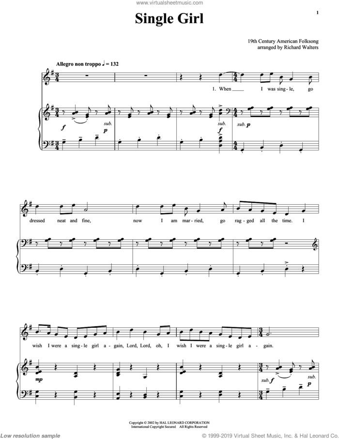 Single Girl sheet music for voice and piano by Anonymous and 19th Century American Folksong, intermediate skill level