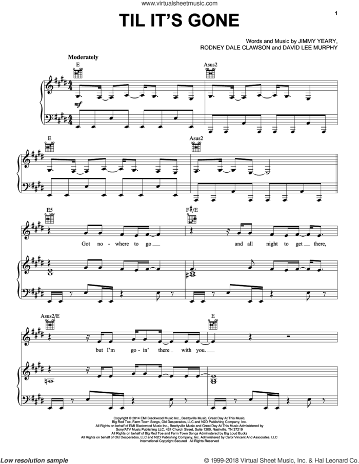 Til It's Gone sheet music for voice, piano or guitar by Kenny Chesney, David Lee Murphy, Jimmy Yeary and Rodney Dale Clawson, intermediate skill level