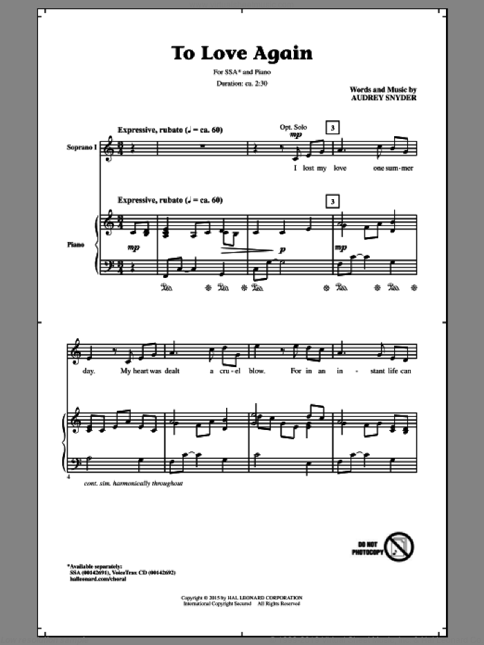 To Love Again sheet music for choir (SSA: soprano, alto) by Audrey Snyder, intermediate skill level