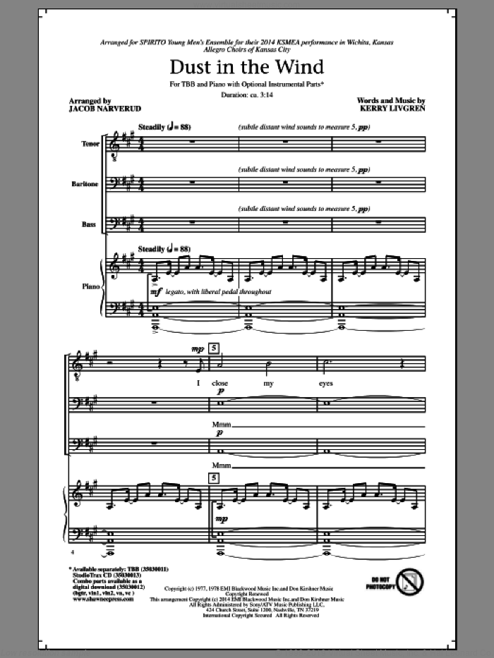 Dust In The Wind sheet music for choir (TBB: tenor, bass) by Jacob Narverud, Kansas and Kerry Livgren, intermediate skill level