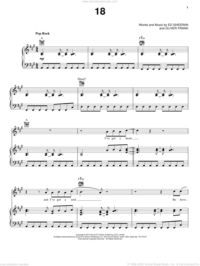 18 sheet music for voice, piano or guitar by One Direction, Ed Sheeran and Oliver Frank, intermediate skill level