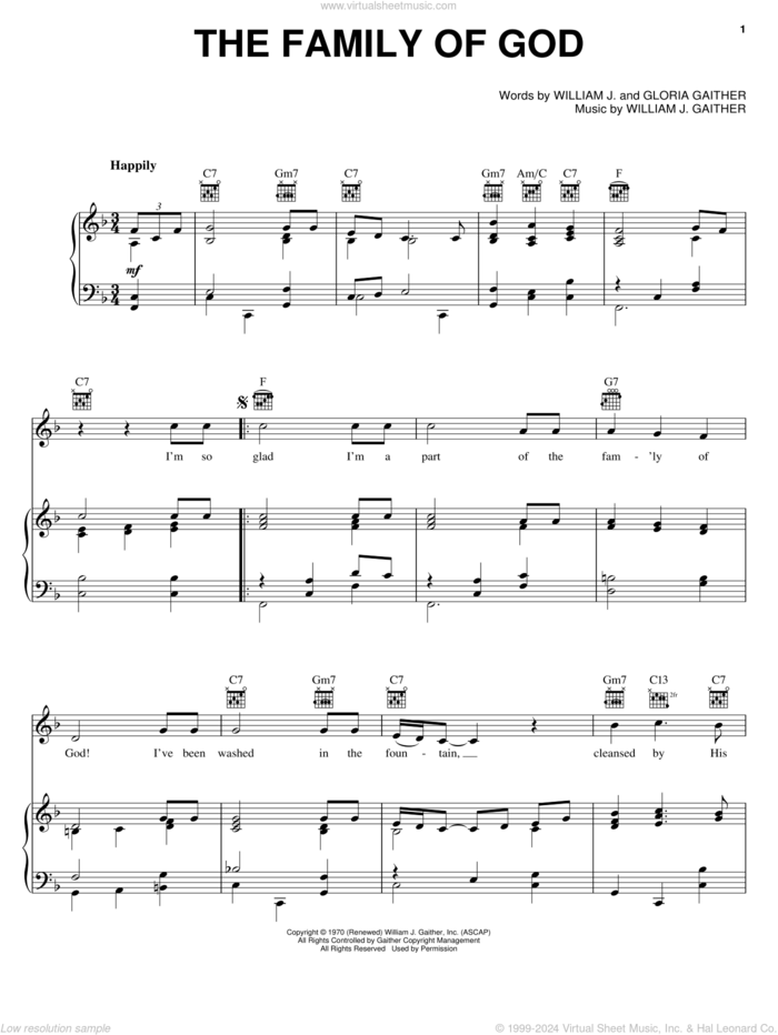 The Family Of God sheet music for voice, piano or guitar by Bill & Gloria Gaither, Bill Gaither, Gloria Gaither and William J. Gaither, intermediate skill level