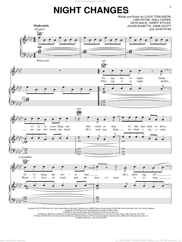 Night Changes sheet music for voice, piano or guitar by One Direction, Harry Styles, Jamie Scott, John Ryan, Julian Bunetta, Liam Payne, Louis Tomlinson, Niall Horan and Zayn Malik, intermediate skill level