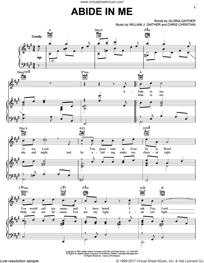 Abide In Me sheet music for voice, piano or guitar by Bill & Gloria Gaither, Bill Gaither, Chris Christian, Gloria Gaither and William J. Gaither, intermediate skill level