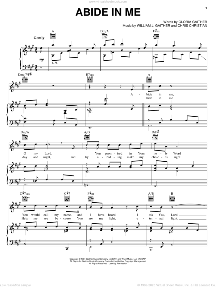 Abide In Me sheet music for voice, piano or guitar by Bill & Gloria Gaither, Bill Gaither, Chris Christian, Gloria Gaither and William J. Gaither, intermediate skill level