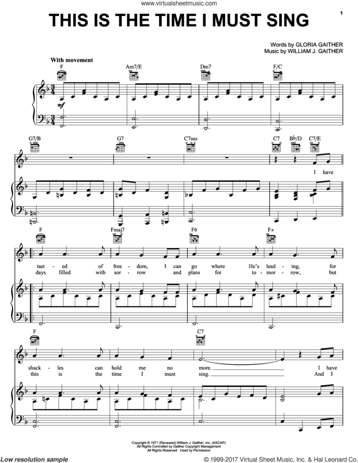 This Is The Time I Must Sing sheet music for voice, piano or guitar by Bill & Gloria Gaither, Bill Gaither, Gloria Gaither and William J. Gaither, intermediate skill level