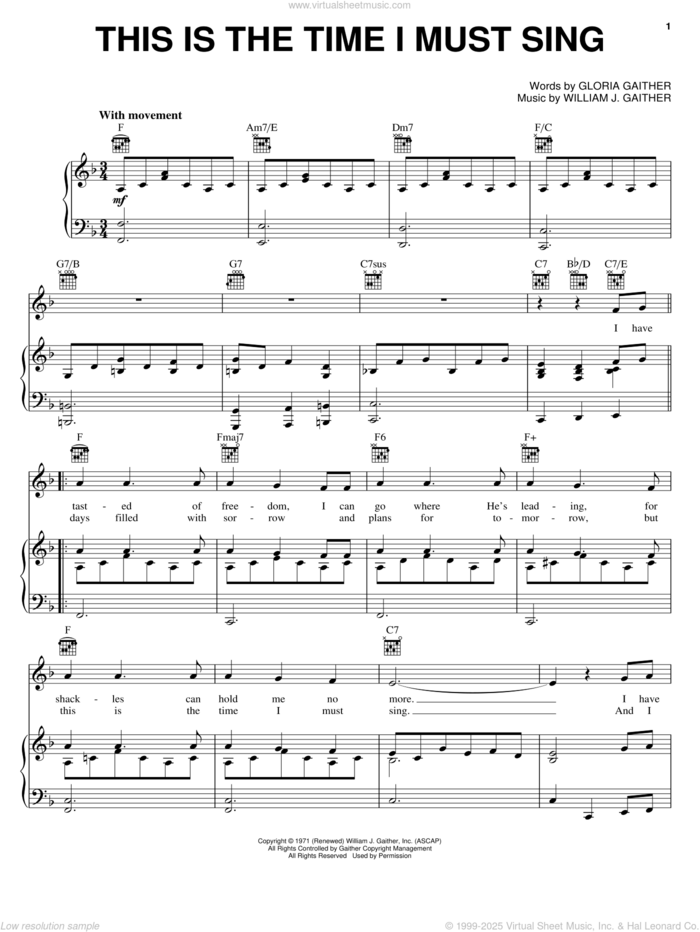 This Is The Time I Must Sing sheet music for voice, piano or guitar by Bill & Gloria Gaither, Bill Gaither, Gloria Gaither and William J. Gaither, intermediate skill level