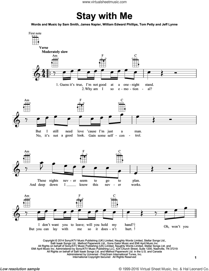 Stay With Me sheet music for ukulele by Sam Smith, James Napier and William Edward Phillips, intermediate skill level