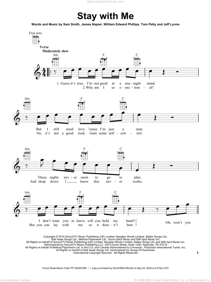 Stay With Me sheet music for ukulele by Sam Smith, James Napier and William Edward Phillips, intermediate skill level