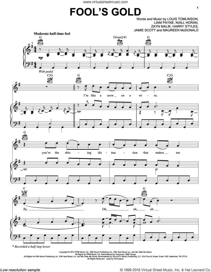 Fool's Gold sheet music for voice, piano or guitar by One Direction, Harry Styles, Jamie Scott, Liam Payne, Louis Tomlinson, Maureen McDonald, Niall Horan and Zayn Malik, intermediate skill level