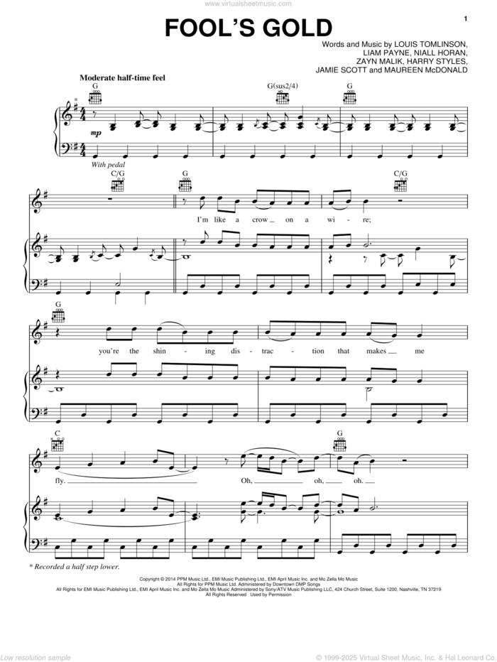 Fool's Gold sheet music for voice, piano or guitar by One Direction, Harry Styles, Jamie Scott, Liam Payne, Louis Tomlinson, Maureen McDonald, Niall Horan and Zayn Malik, intermediate skill level