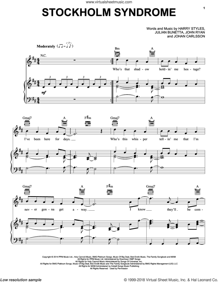 Stockholm Syndrome sheet music for voice, piano or guitar by One Direction, Harry Styles, Johan Carlsson, John Ryan and Julian Bunetta, intermediate skill level