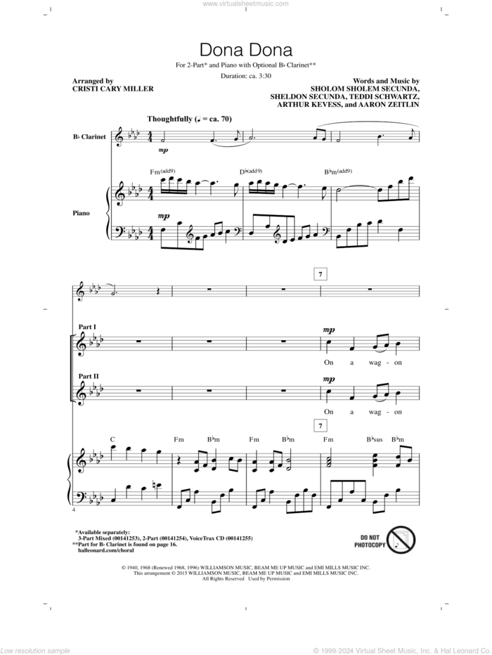 Dona Dona sheet music for choir (2-Part) by Sholom Secunda, Cristi Cary Miller, Aaron Zeitlin, Arthur Kevess, Sheldon Secunda and Teddi Schwartz, intermediate duet