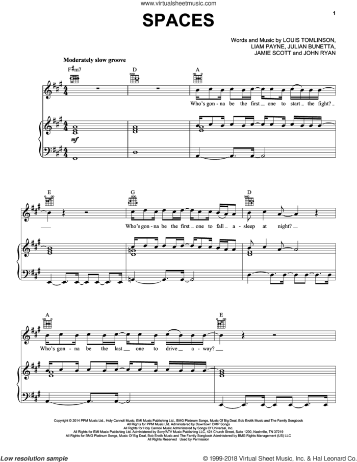 Spaces sheet music for voice, piano or guitar by One Direction, Jamie Scott, John Ryan, Julian Bunetta, Liam Payne and Louis Tomlinson, intermediate skill level