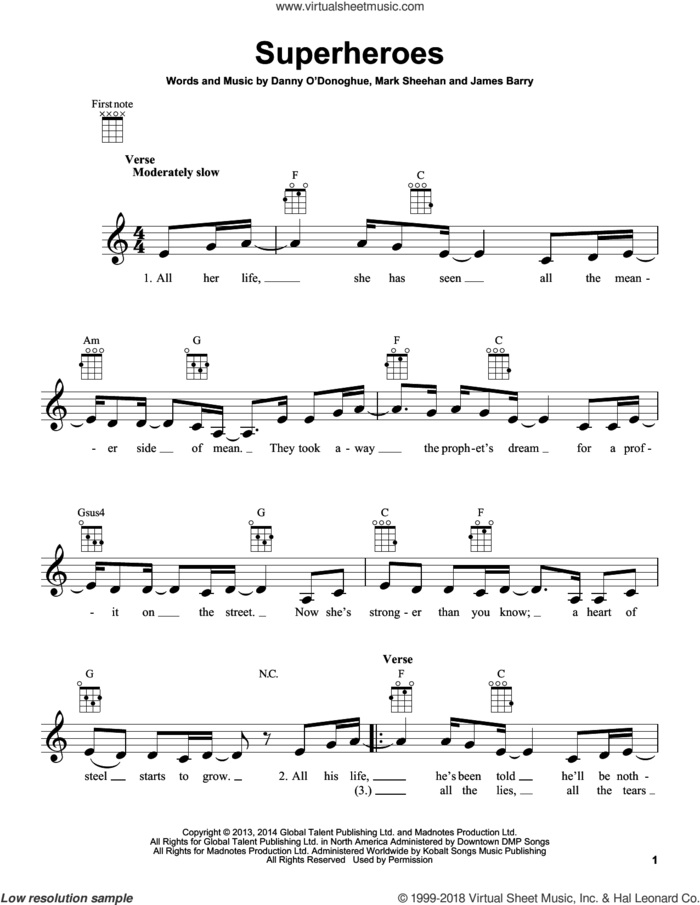 Superheroes sheet music for ukulele by The Script, James Barry and Mark Sheehan, intermediate skill level