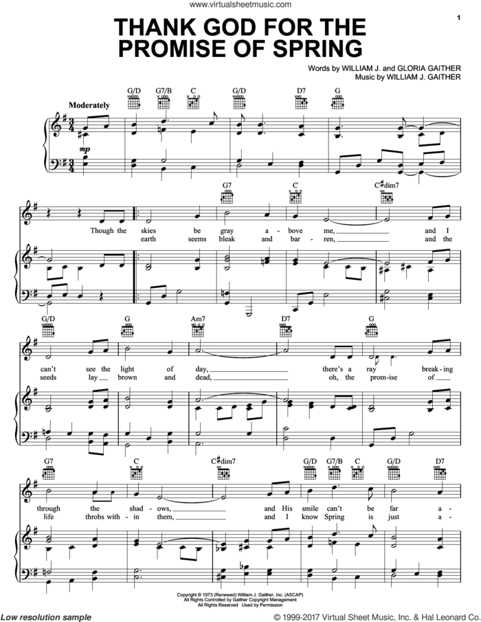 Thank God For The Promise Of Spring sheet music for voice, piano or guitar by Bill & Gloria Gaither, Bill Gaither, Gloria Gaither and William J. Gaither, intermediate skill level