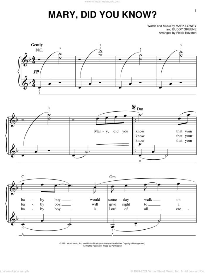 Mary, Did You Know? (arr. Phillip Keveren) sheet music for piano solo by Buddy Greene, Phillip Keveren, Kathy Mattea and Mark Lowry, easy skill level