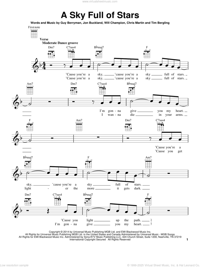 A Sky Full Of Stars sheet music for ukulele by Coldplay, Chris Martin, Guy Berryman, Jon Buckland, Tim Bergling and Will Champion, wedding score, intermediate skill level