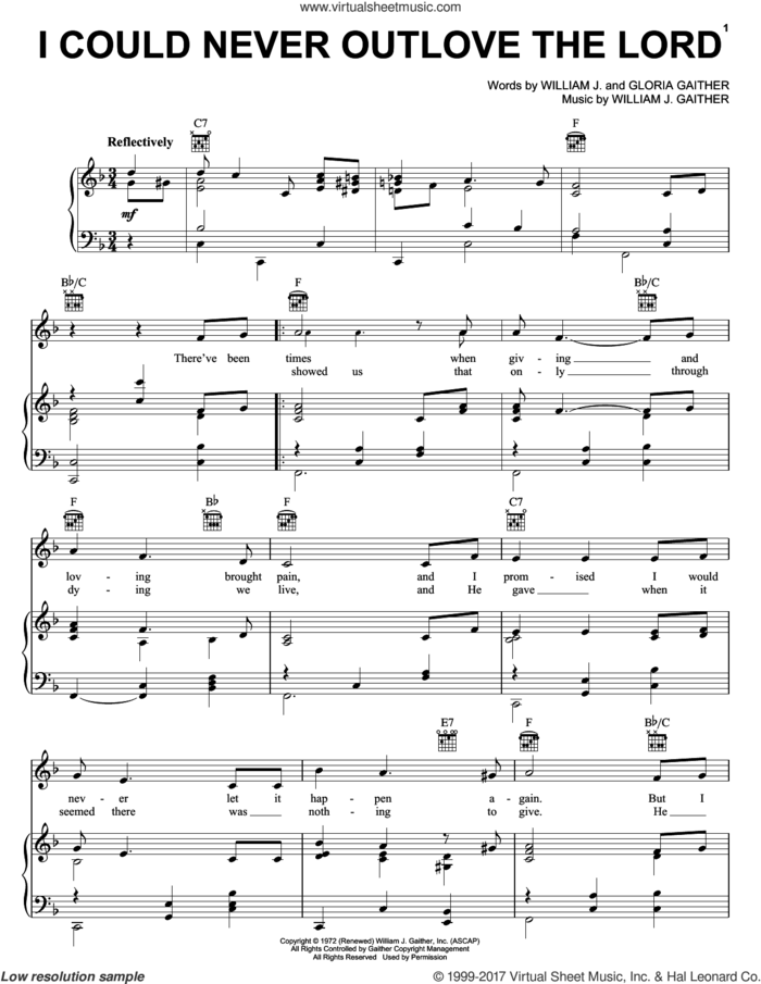 I Could Never Outlove The Lord sheet music for voice, piano or guitar by Bill & Gloria Gaither, Bill Gaither, Gloria Gaither and William J. Gaither, intermediate skill level