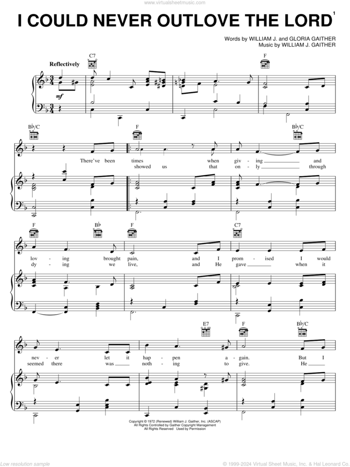 I Could Never Outlove The Lord sheet music for voice, piano or guitar by Bill & Gloria Gaither, Bill Gaither, Gloria Gaither and William J. Gaither, intermediate skill level