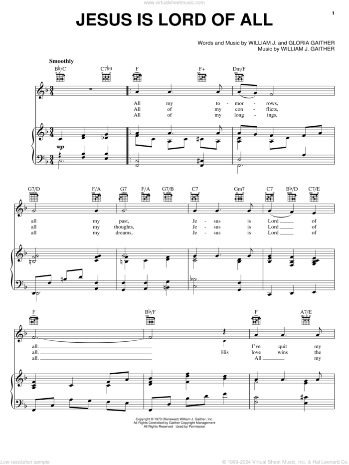 Jesus Is Lord Of All sheet music for voice, piano or guitar by Bill & Gloria Gaither, Bill Gaither, Gloria Gaither and William J. Gaither, intermediate skill level