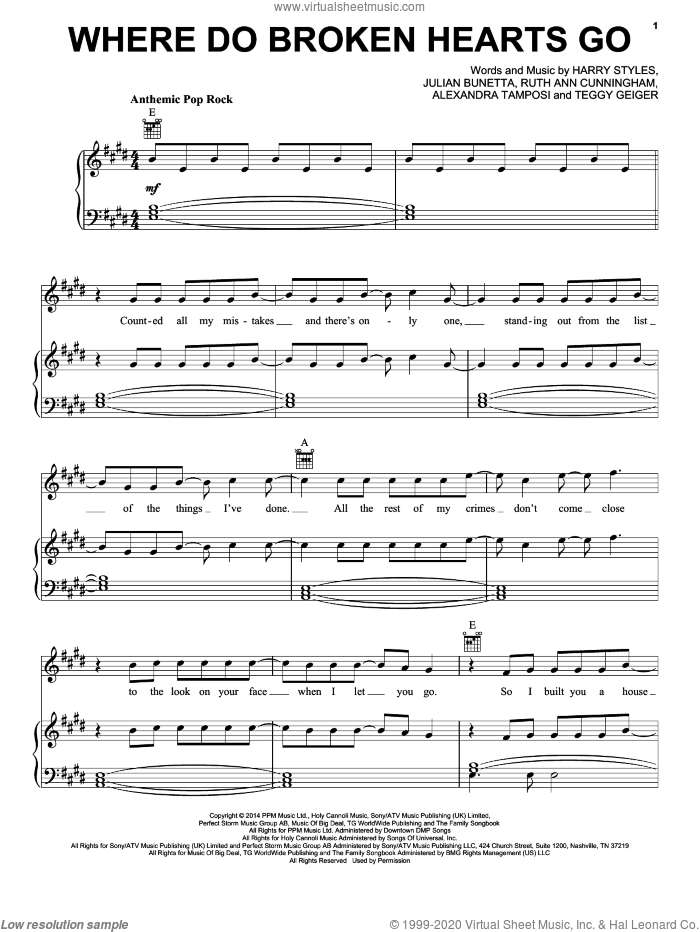 Where Do Broken Hearts Go sheet music for voice, piano or guitar by One Direction, Alexandra Tamposi, Harry Styles, Julian Bunetta, Ruth Ann Cunningham and Teddy Geiger, intermediate skill level