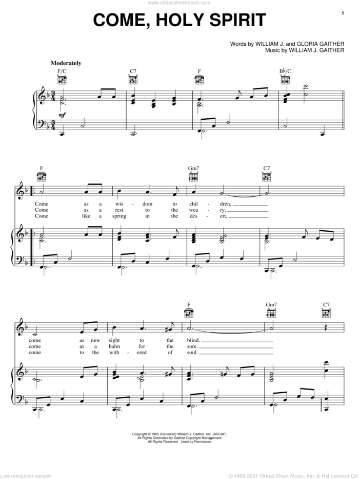 Come, Holy Spirit sheet music for voice, piano or guitar by Bill & Gloria Gaither, Bill Gaither, Gloria Gaither and William J. Gaither, intermediate skill level