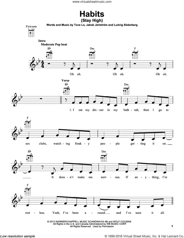 Habits (Stay High) sheet music for ukulele by Tove Lo, Jakob Jerlstrom and Ludvig Soderberg, intermediate skill level