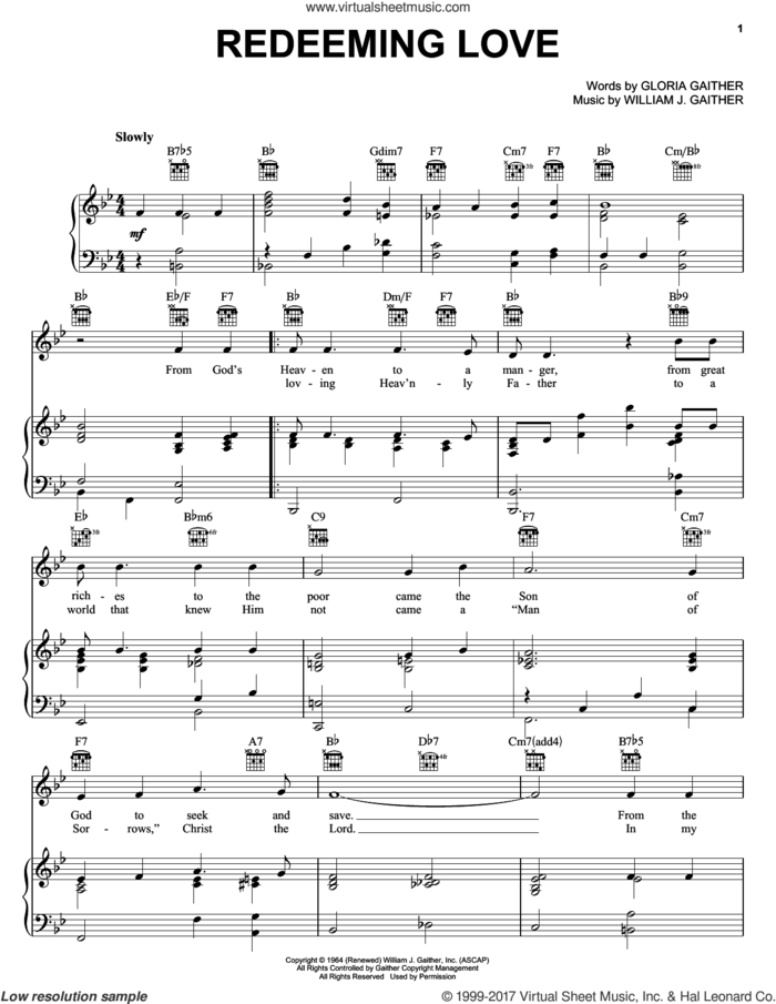 Redeeming Love sheet music for voice, piano or guitar by Bill & Gloria Gaither, Bill Gaither, Gloria Gaither and William J. Gaither, intermediate skill level