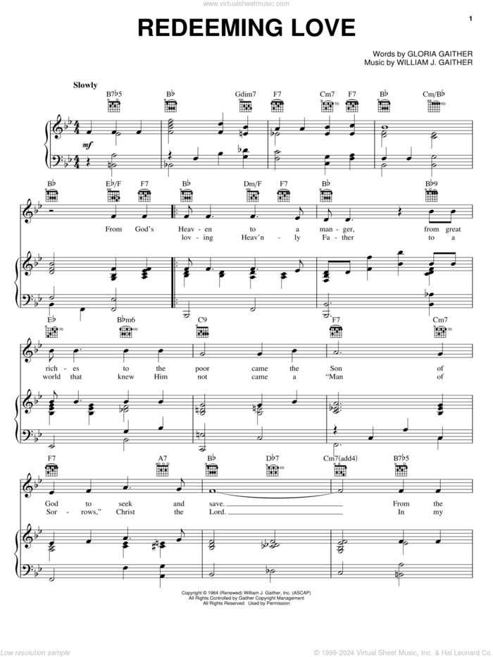 Redeeming Love sheet music for voice, piano or guitar by Bill & Gloria Gaither, Bill Gaither, Gloria Gaither and William J. Gaither, intermediate skill level