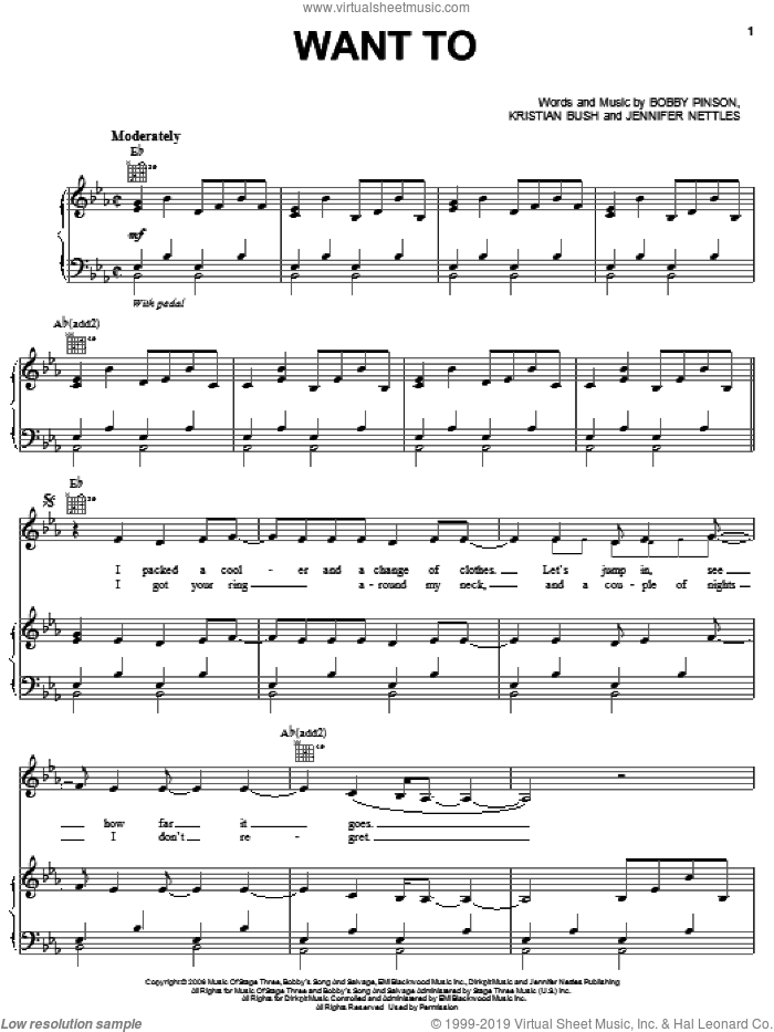 Want To sheet music for voice, piano or guitar by Sugarland, Bobby Pinson, Jennifer Nettles and Kristian Bush, intermediate skill level