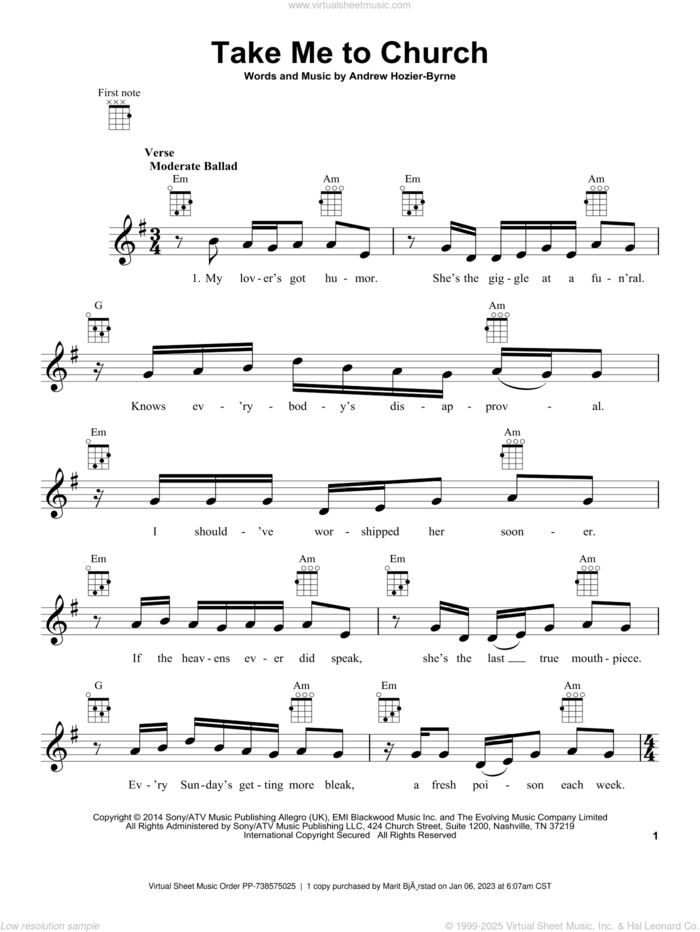 Take Me To Church sheet music for ukulele by Hozier and Andrew Hozier-Byrne, intermediate skill level