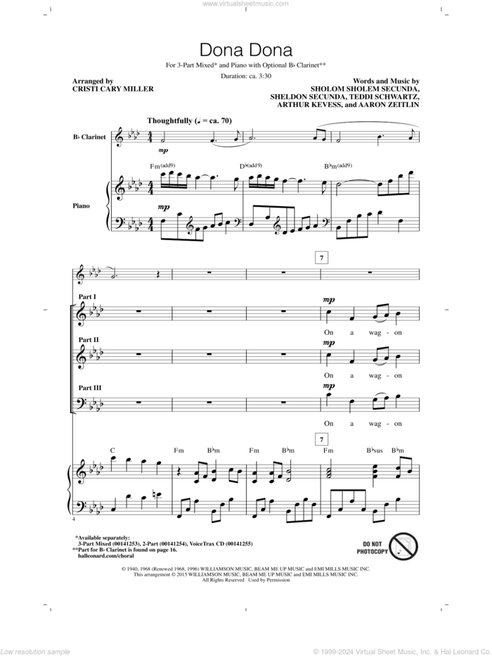 Dona Dona (arr. Cristi Cary Miller) sheet music for choir (3-Part Mixed) by Sholom Secunda, Cristi Cary Miller, Aaron Zeitlin, Arthur Kevess, Sheldon Secunda and Teddi Schwartz, intermediate skill level