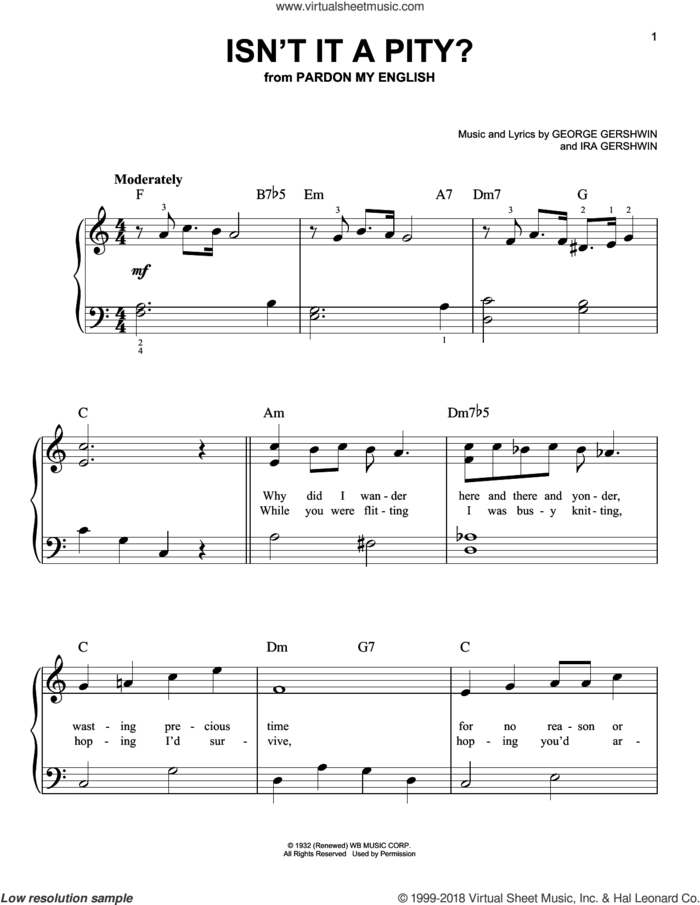 Isn't It A Pity? sheet music for piano solo by George Gershwin, Barbra Streisand and Ira Gershwin, easy skill level