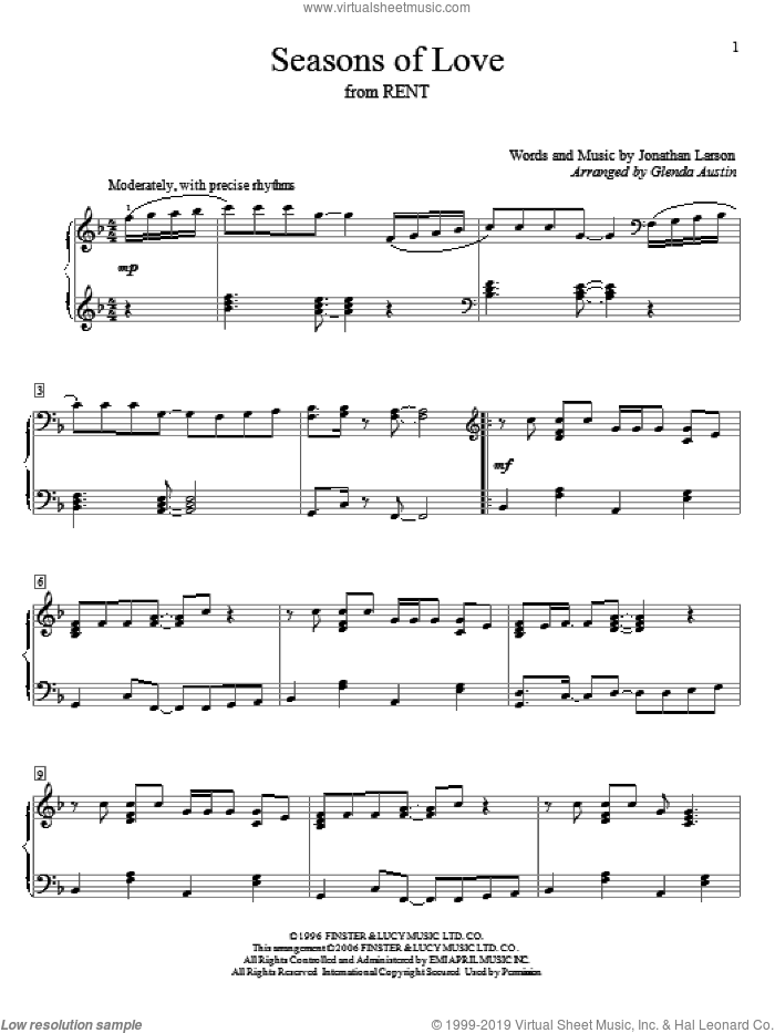 Seasons Of Love (from Rent) sheet music for piano solo (elementary) by Jonathan Larson, Glenda Austin and Rent (Musical), wedding score, beginner piano (elementary)