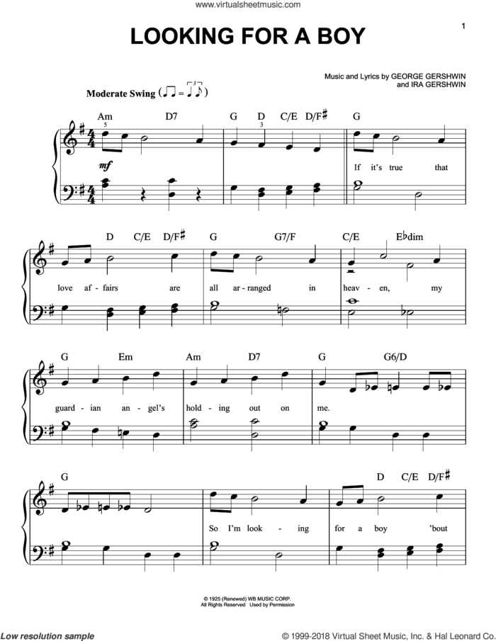Looking For A Boy sheet music for piano solo by George Gershwin and Ira Gershwin, easy skill level