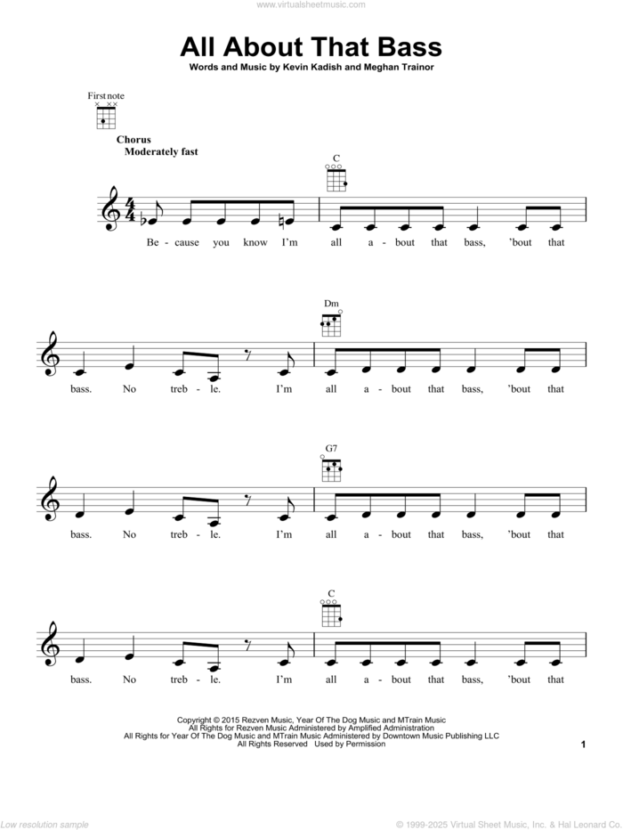 All About That Bass sheet music for ukulele by Meghan Trainor and Kevin Kadish, intermediate skill level