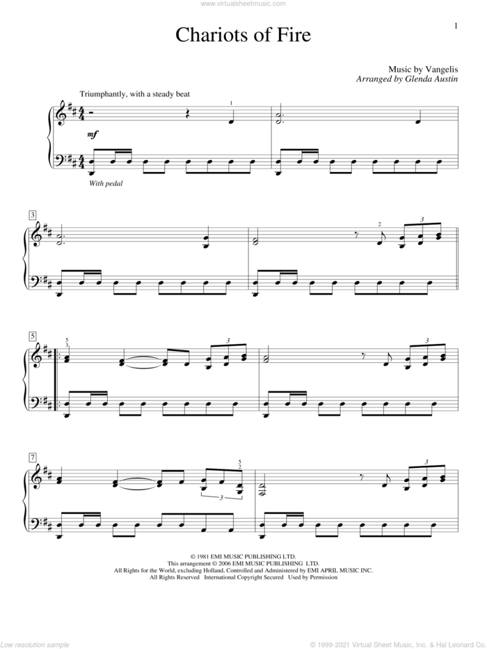 Chariots Of Fire sheet music for piano solo (elementary) by Vangelis and Glenda Austin, beginner piano (elementary)