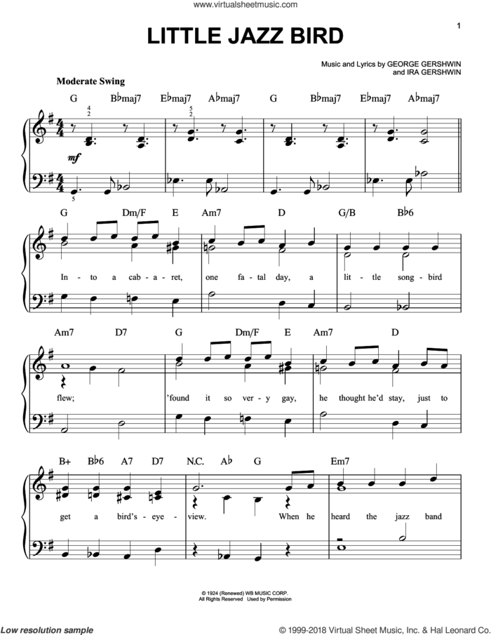 Little Jazz Bird sheet music for piano solo by George Gershwin and Ira Gershwin, easy skill level
